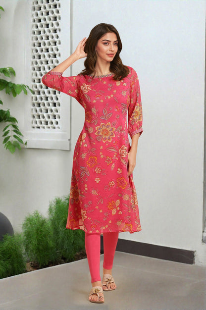 W for Woman Pink Chiffon Printed Kurta with Multi-coloured Floral Embroidery