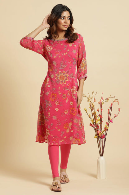 W for Woman Pink Chiffon Printed Kurta with Multi-coloured Floral Embroidery