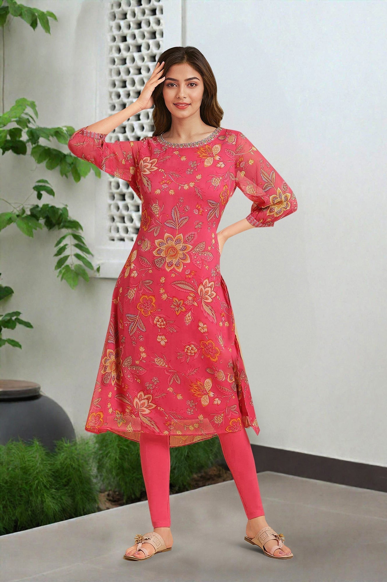 W for Woman Pink Chiffon Printed Kurta with Multi-coloured Floral Embroidery