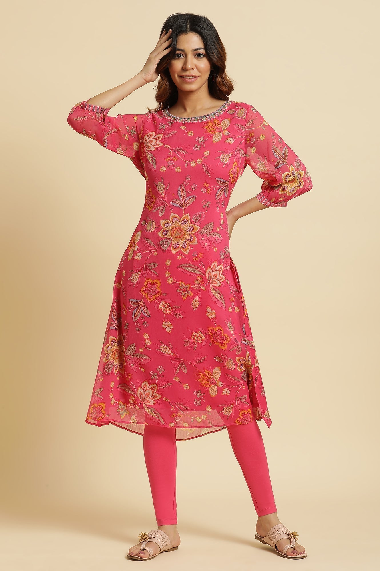 W for Woman Pink Chiffon Printed Kurta with Multi-coloured Floral Embroidery
