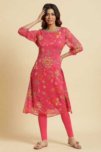 W for Woman Pink Chiffon Printed Kurta with Multi-coloured Floral Embroidery