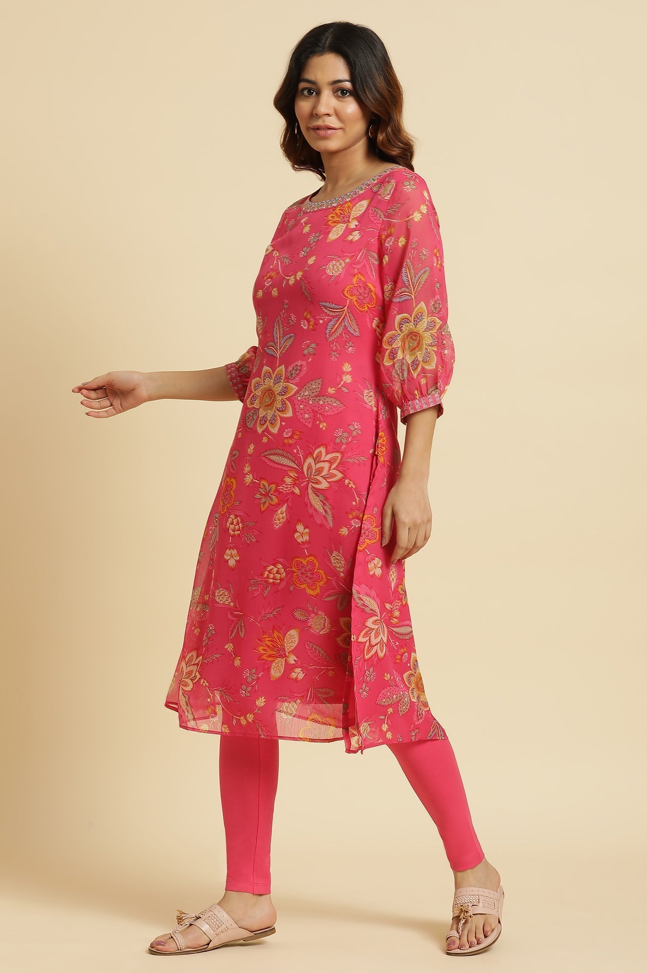 W for Woman Pink Chiffon Printed Kurta with Multi-coloured Floral Embroidery