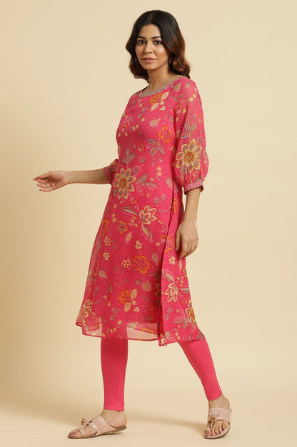 W for Woman Pink Chiffon Printed Kurta with Multi-coloured Floral Embroidery