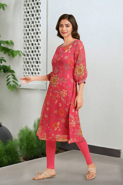 W for Woman Pink Chiffon Printed Kurta with Multi-coloured Floral Embroidery