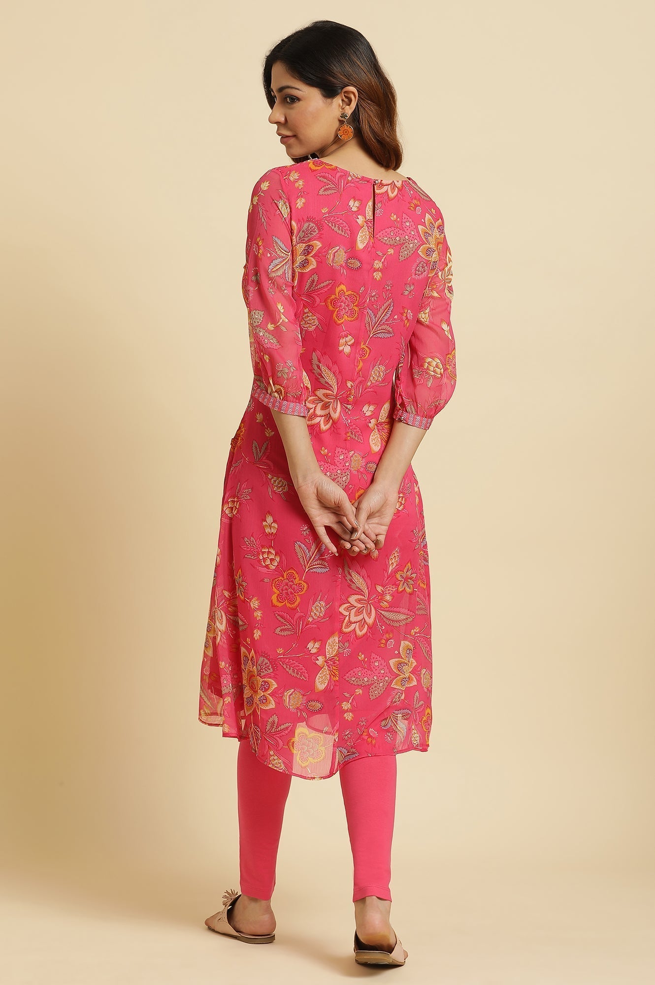 W for Woman Pink Chiffon Printed Kurta with Multi-coloured Floral Embroidery