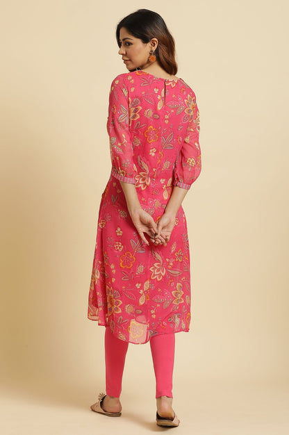 W for Woman Pink Chiffon Printed Kurta with Multi-coloured Floral Embroidery