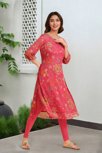 W for Woman Pink Chiffon Printed Kurta with Multi-coloured Floral Embroidery