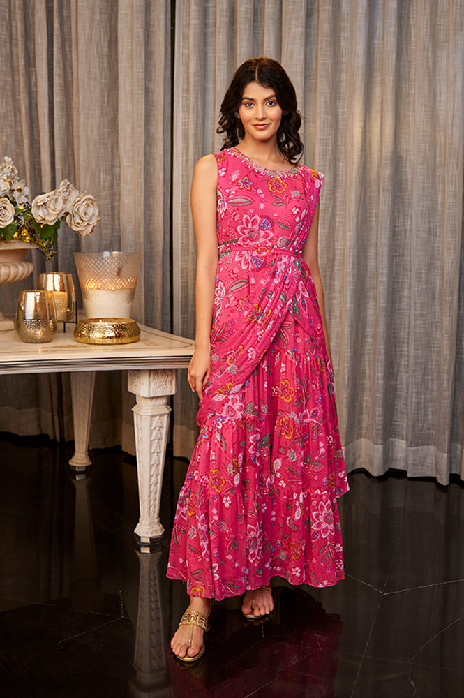 W for Woman Pink Floral Printed Pre-Stitch Sharara Saree