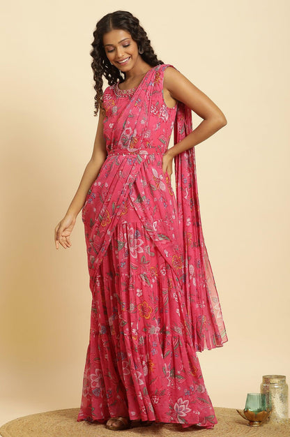W for Woman Pink Floral Printed Pre-Stitch Sharara Saree