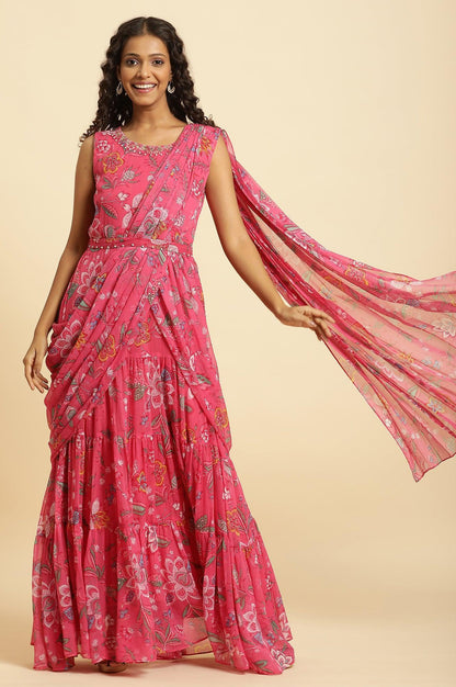 W for Woman Pink Floral Printed Pre-Stitch Sharara Saree