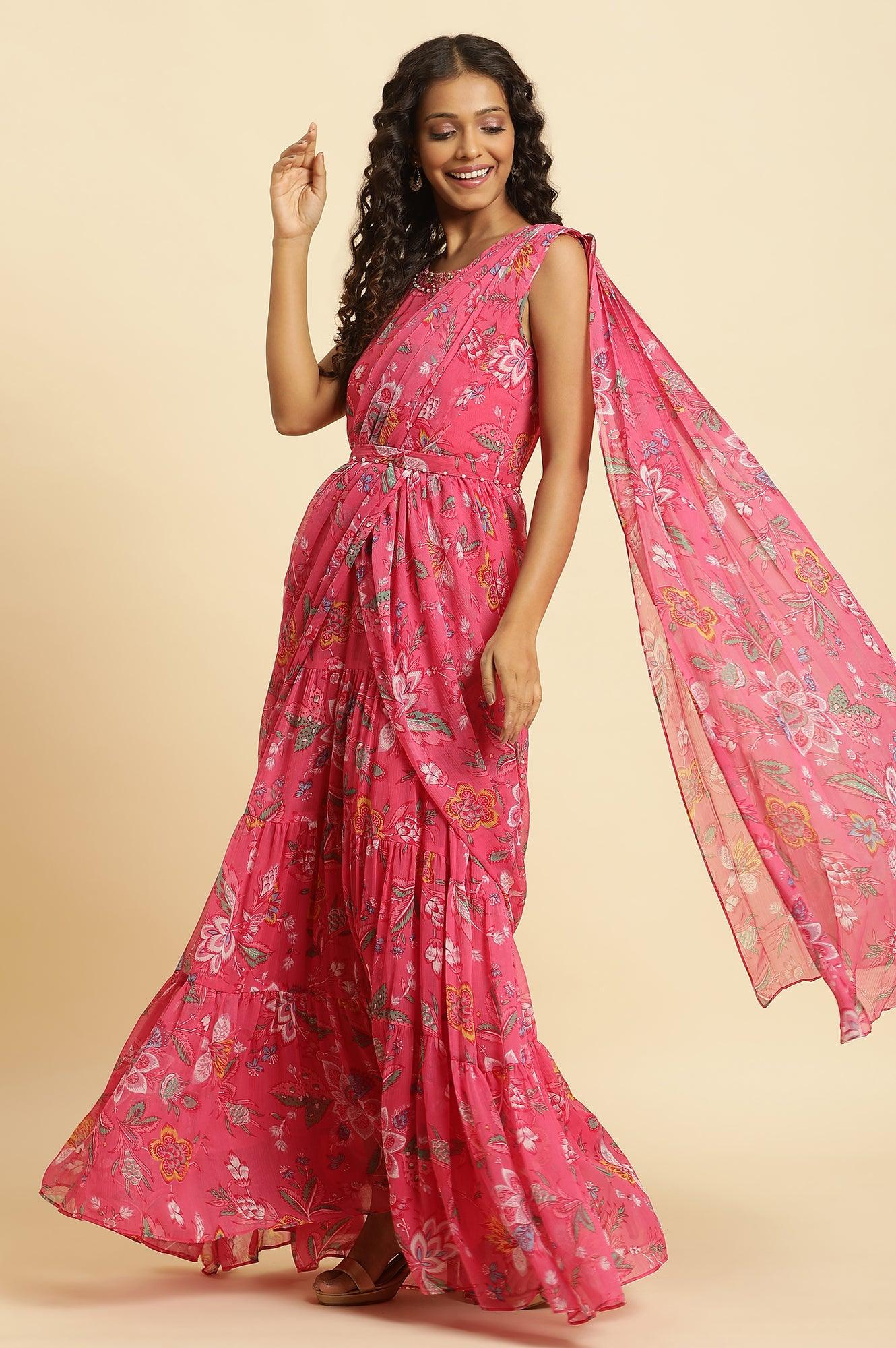 W for Woman Pink Floral Printed Pre-Stitch Sharara Saree