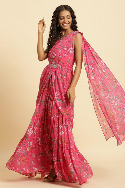 W for Woman Pink Floral Printed Pre-Stitch Sharara Saree