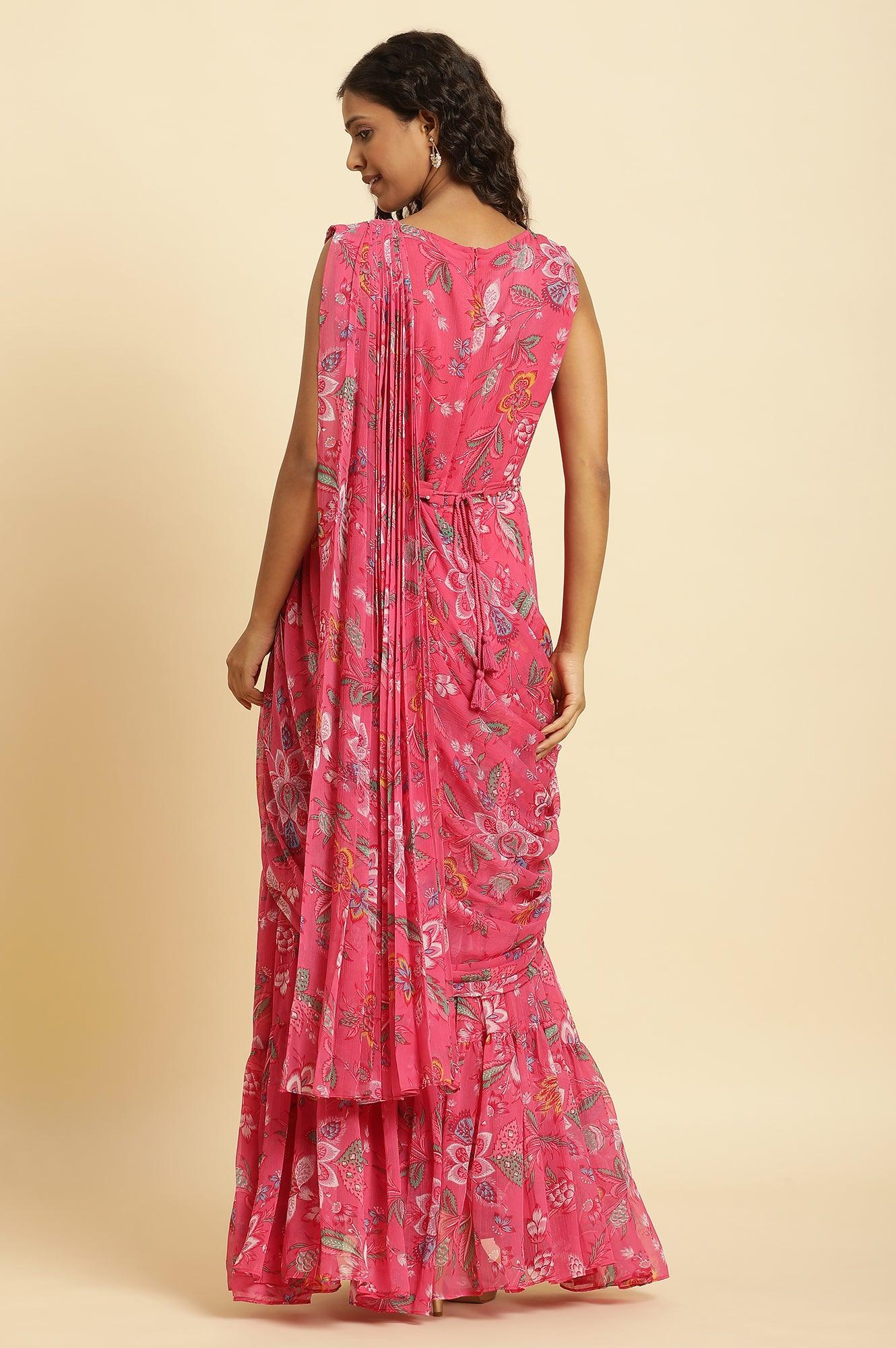 W for Woman Pink Floral Printed Pre-Stitch Sharara Saree