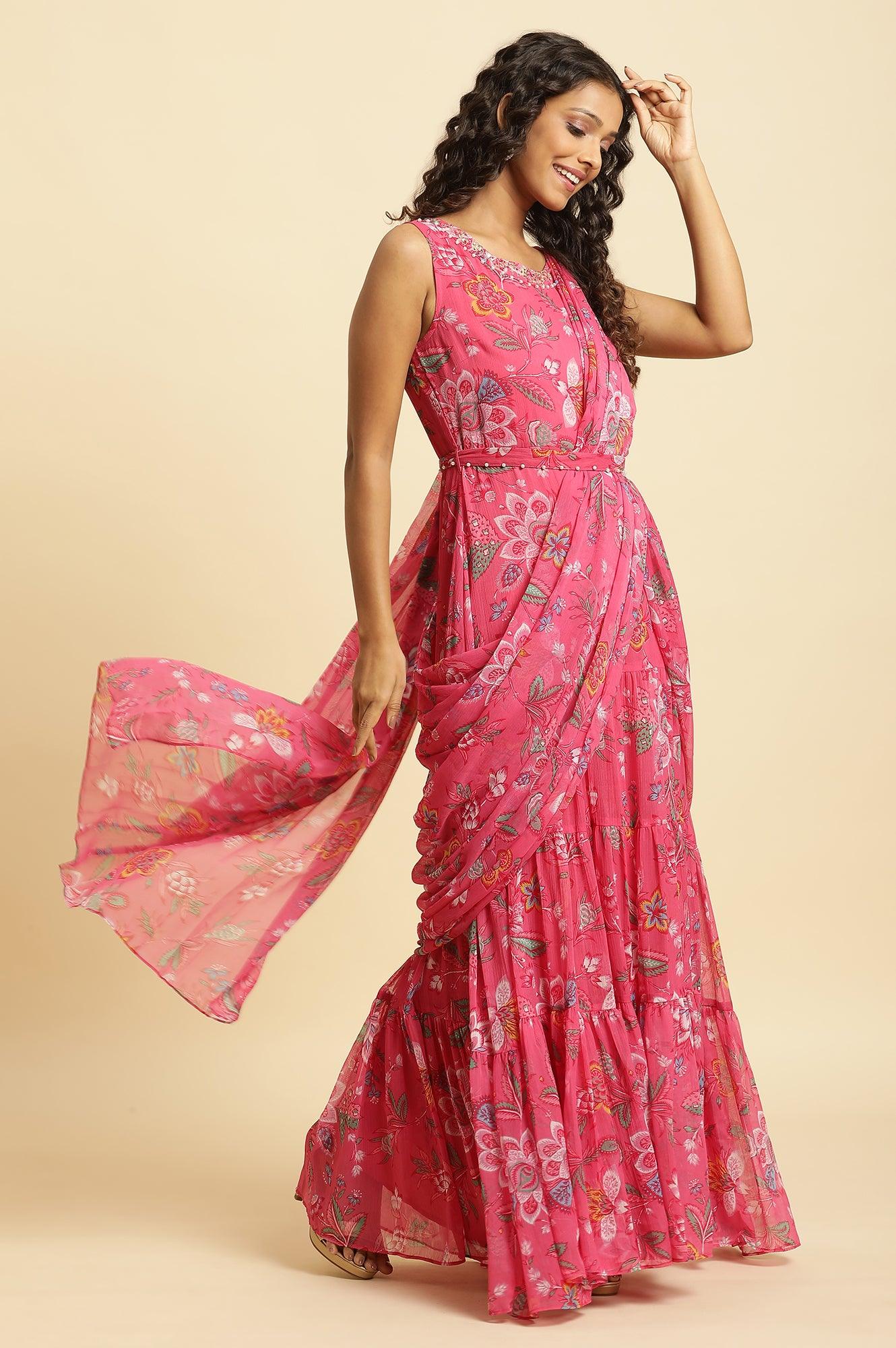 W for Woman Pink Floral Printed Pre-Stitch Sharara Saree
