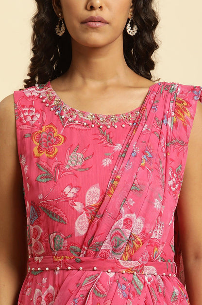 W for Woman Pink Floral Printed Pre-Stitch Sharara Saree