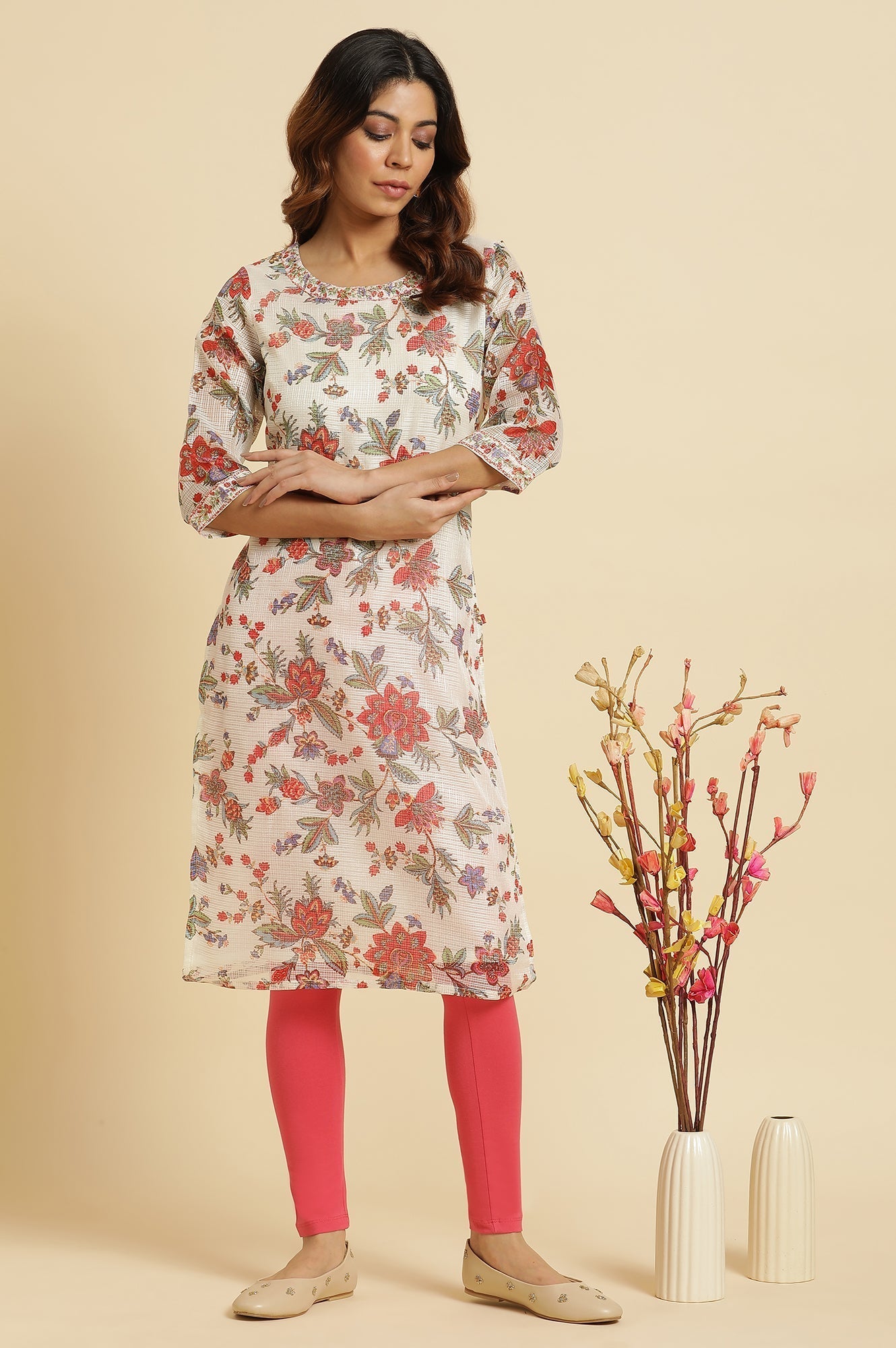 W for Woman Ecru Kota Kurta With Multi-Coloured Floral Print
