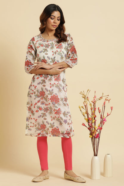 W for Woman Ecru Kota Kurta With Multi-Coloured Floral Print