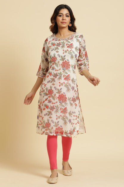W for Woman Ecru Kota Kurta With Multi-Coloured Floral Print