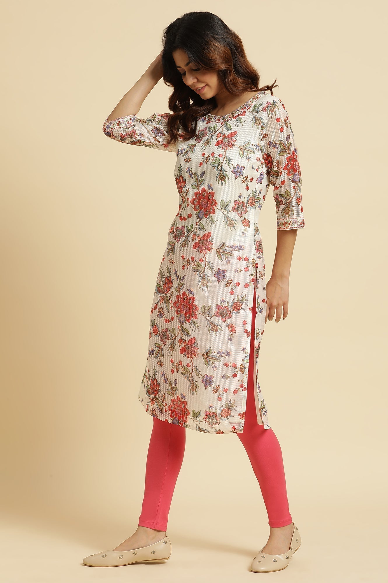W for Woman Ecru Kota Kurta With Multi-Coloured Floral Print