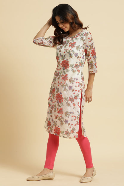 W for Woman Ecru Kota Kurta With Multi-Coloured Floral Print