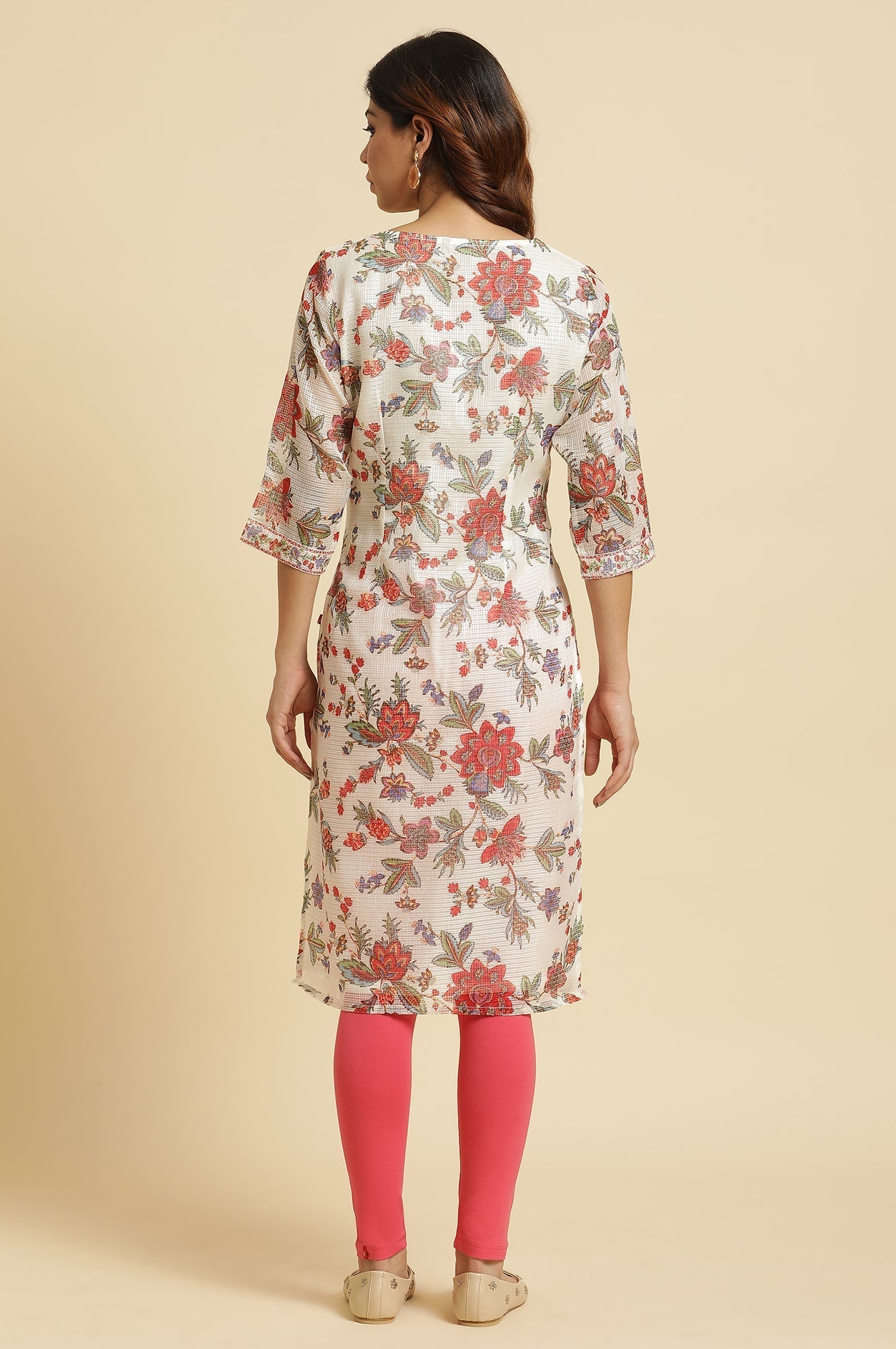 W for Woman Ecru Kota Kurta With Multi-Coloured Floral Print