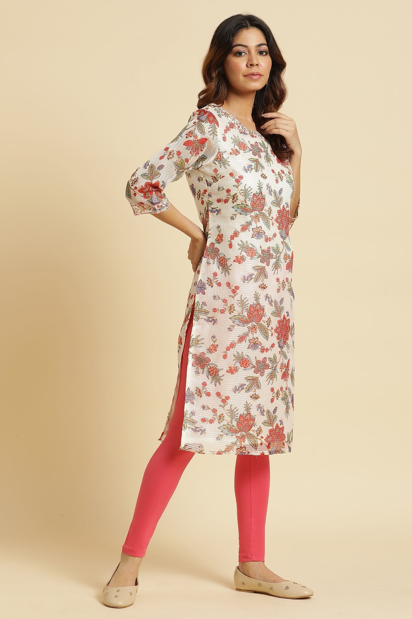 W for Woman Ecru Kota Kurta With Multi-Coloured Floral Print
