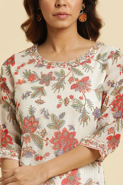 W for Woman Ecru Kota Kurta With Multi-Coloured Floral Print