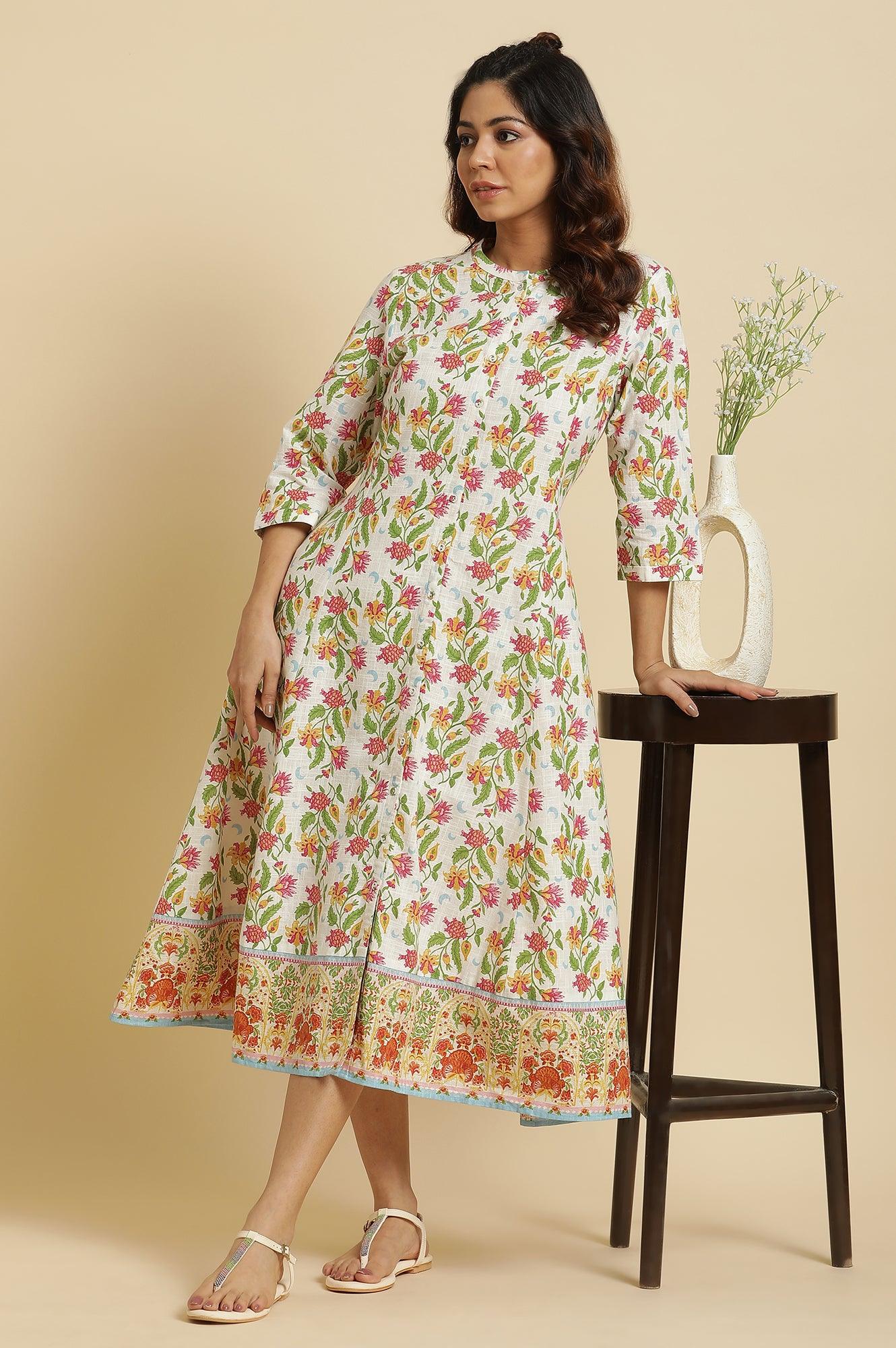 W for Woman White Flared Dress In Multi-Coloured Floral Print