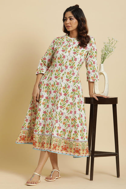 W for Woman White Flared Dress In Multi-Coloured Floral Print