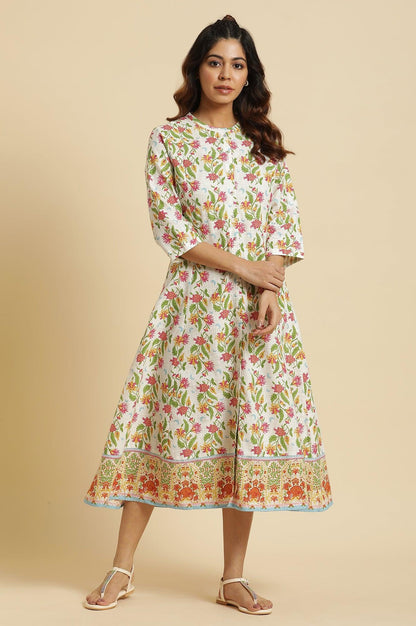 W for Woman White Flared Dress In Multi-Coloured Floral Print