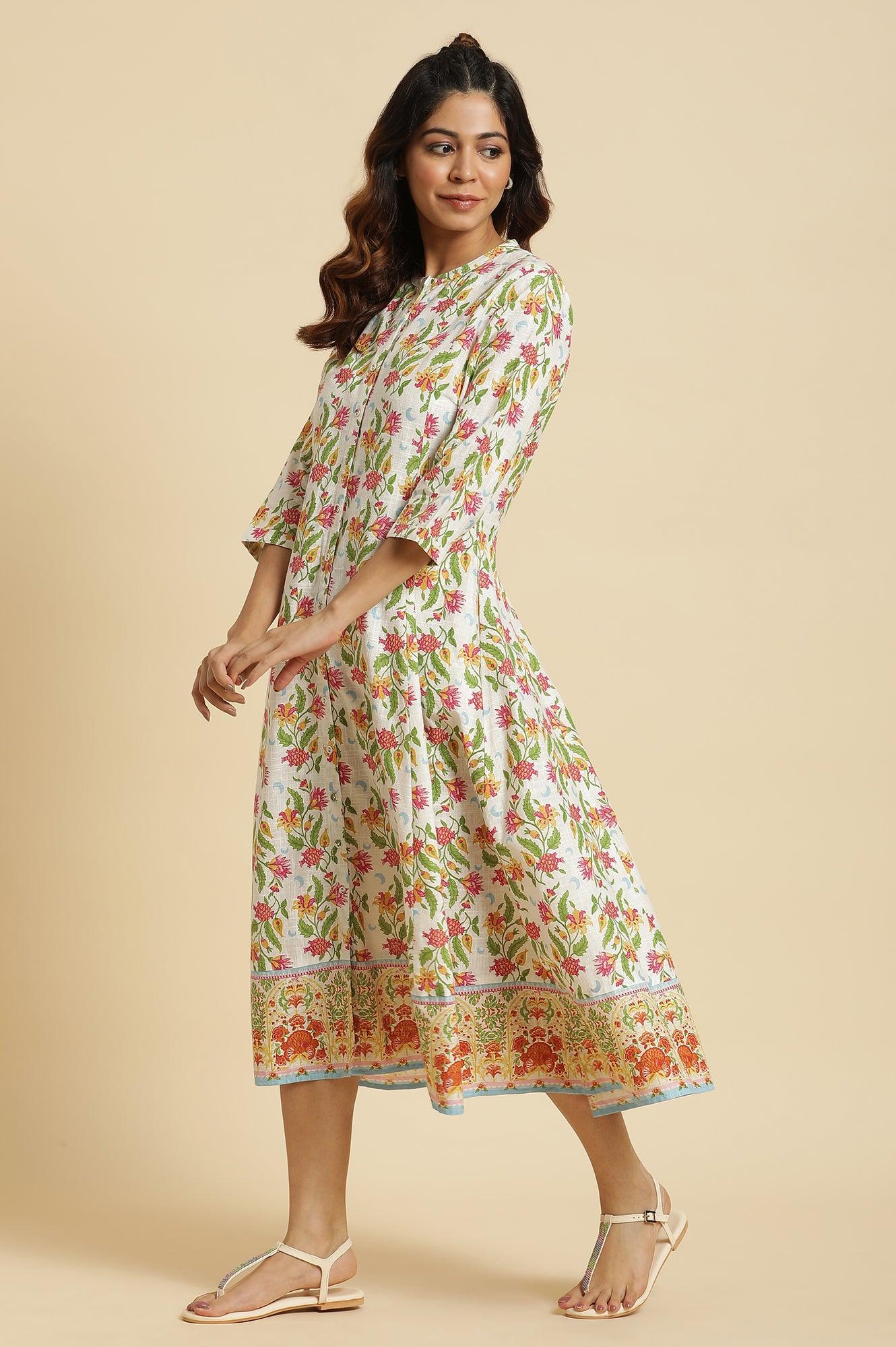 W for Woman White Flared Dress In Multi-Coloured Floral Print