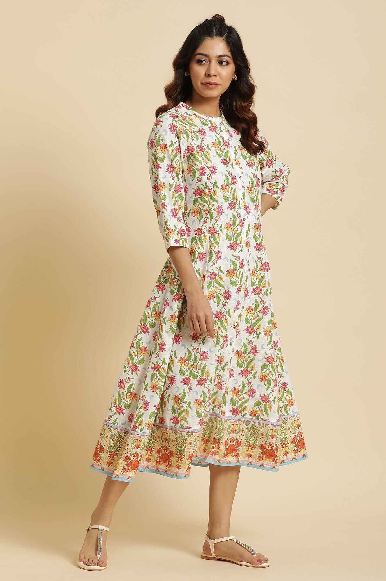 W for Woman White Flared Dress In Multi-Coloured Floral Print