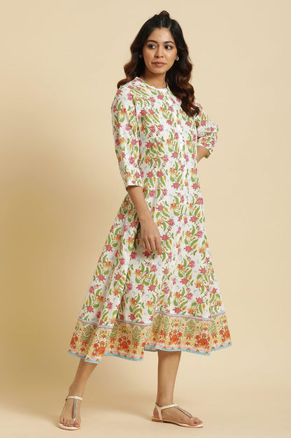 W for Woman White Flared Dress In Multi-Coloured Floral Print