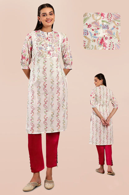 W for Woman White Floral Printed Pure Cotton Straight Kurta with Gathered Sleeves