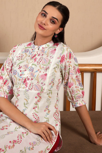 W for Woman White Floral Printed Pure Cotton Straight Kurta with Gathered Sleeves