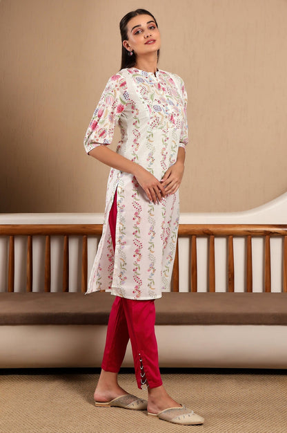 W for Woman White Floral Printed Pure Cotton Straight Kurta with Gathered Sleeves