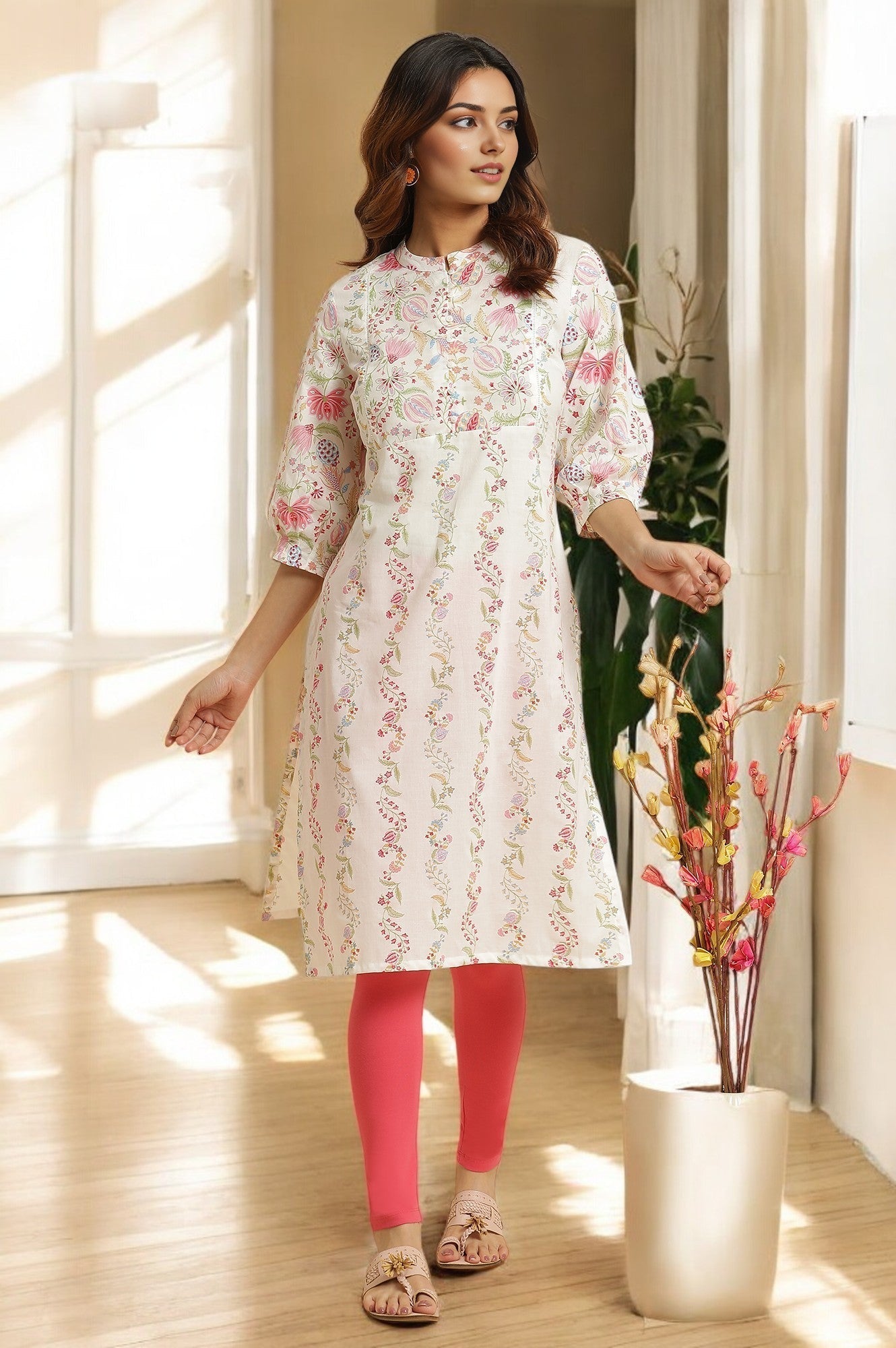 W for Woman White Floral Printed Pure Cotton Straight Kurta with Gathered Sleeves