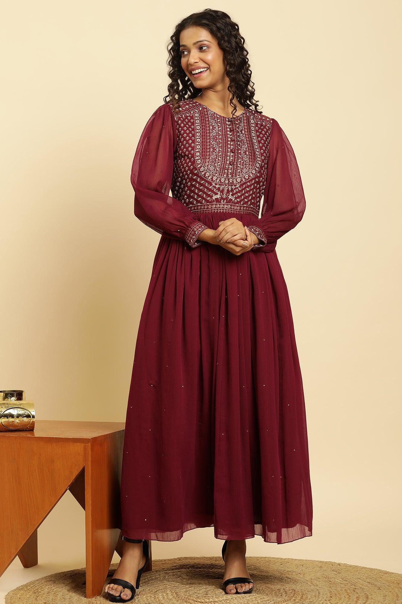W for Woman Wine Heavily Embroidered Festive Dress