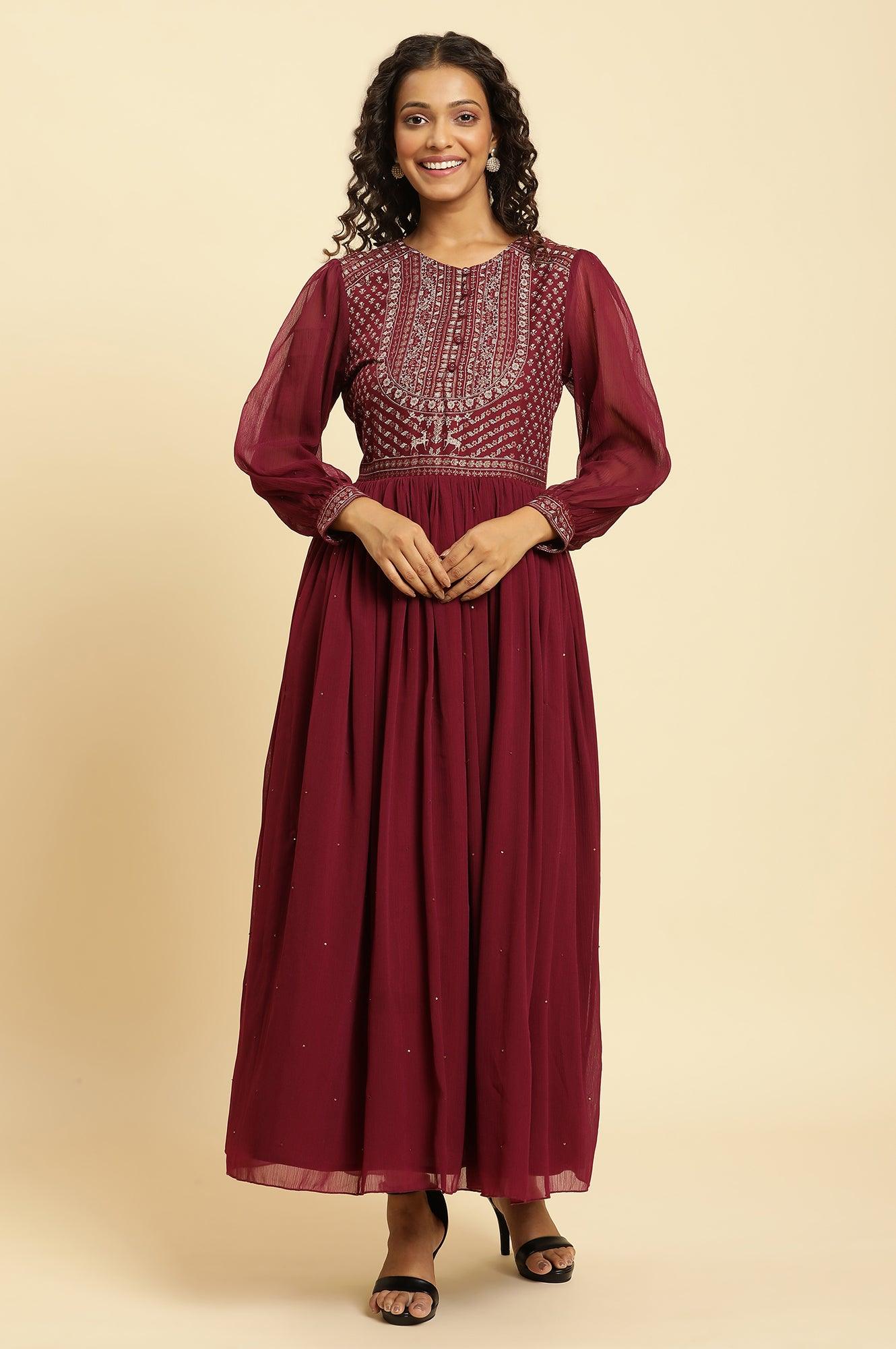 W for Woman Wine Heavily Embroidered Festive Dress