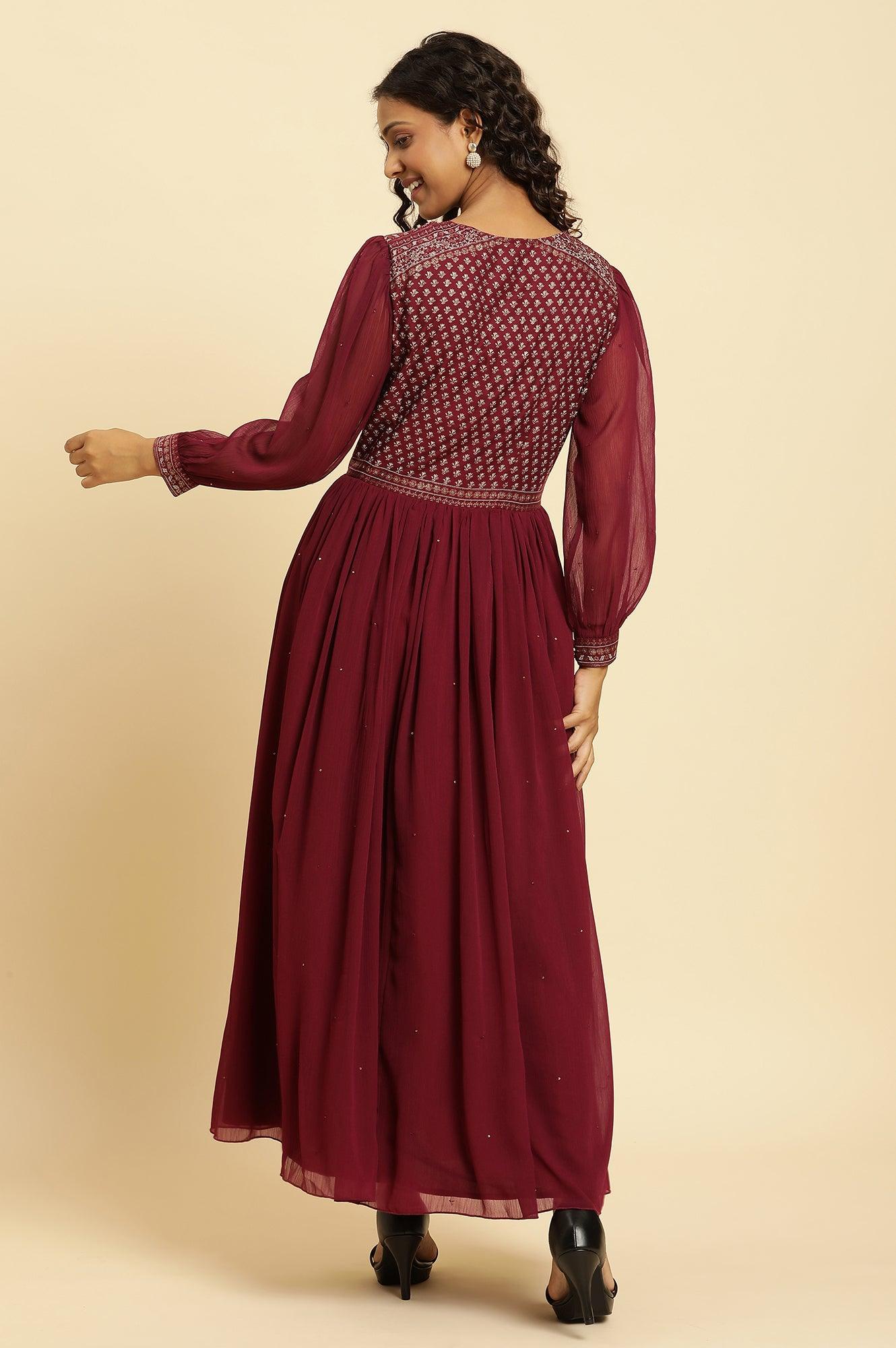 W for Woman Wine Heavily Embroidered Festive Dress