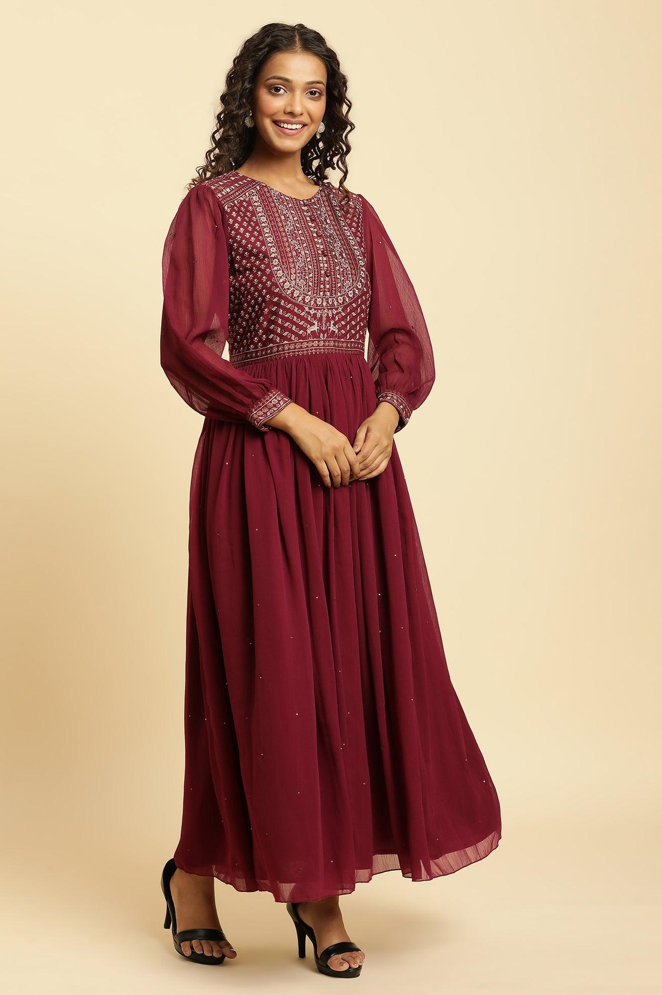 W for Woman Wine Heavily Embroidered Festive Dress