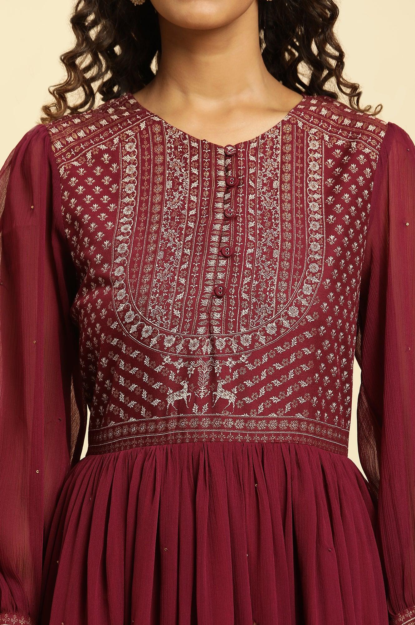 W for Woman Wine Heavily Embroidered Festive Dress
