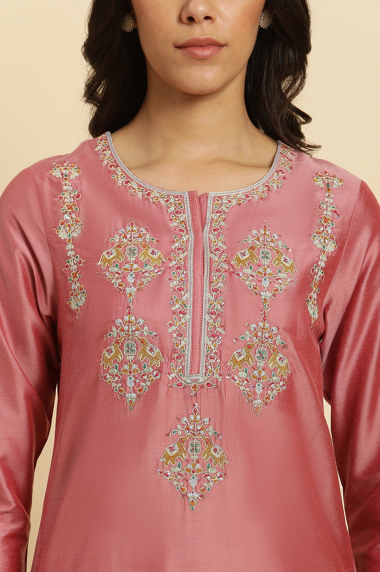 W for Woman Pink Embroidered Thread Work Straight Kurta