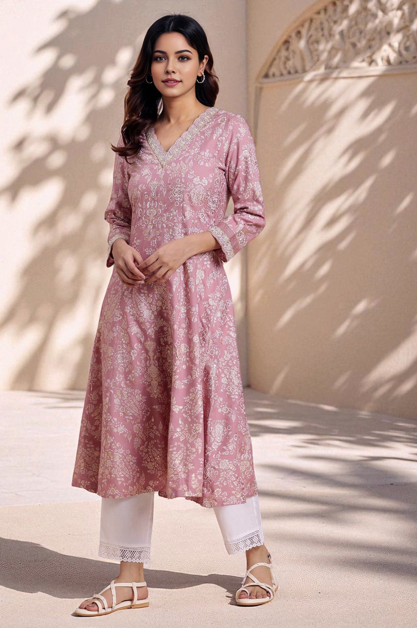 W for Woman Pink Floral Foil Printed Flared Kurta