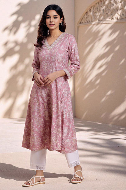 W for Woman Pink Floral Foil Printed Flared Kurta