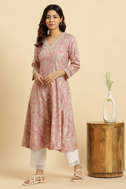 W for Woman Pink Floral Foil Printed Flared Kurta