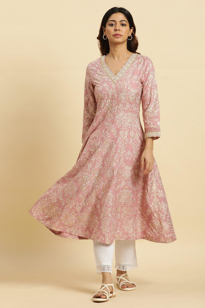 W for Woman Pink Floral Foil Printed Flared Kurta