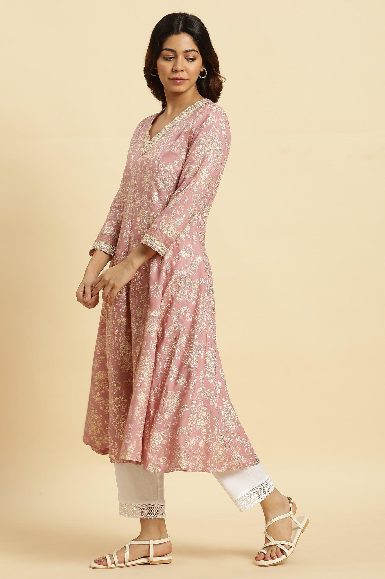 W for Woman Pink Floral Foil Printed Flared Kurta