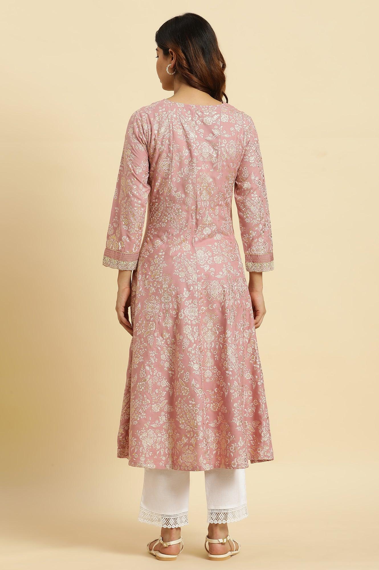 W for Woman Pink Floral Foil Printed Flared Kurta
