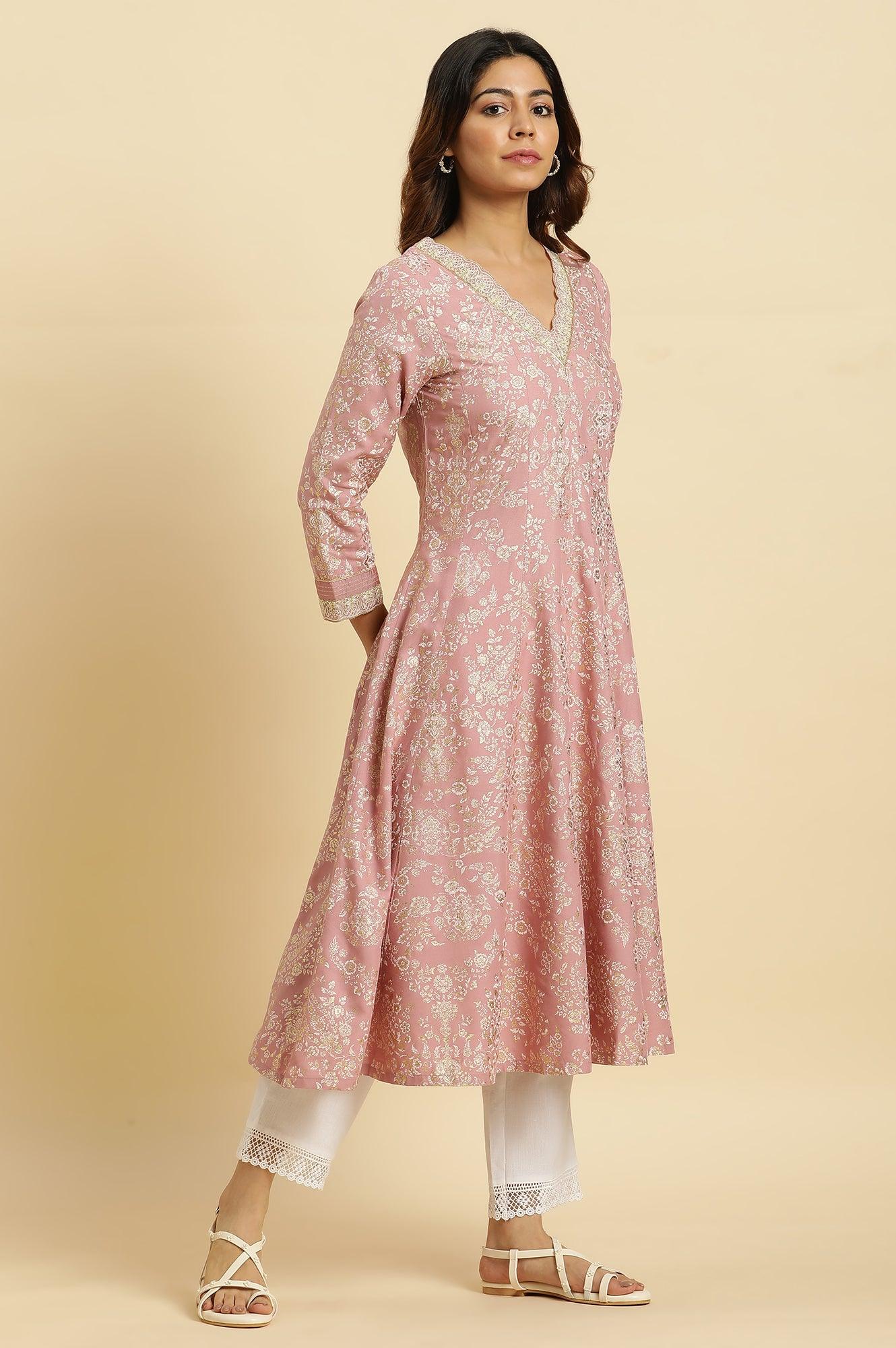 W for Woman Pink Floral Foil Printed Flared Kurta